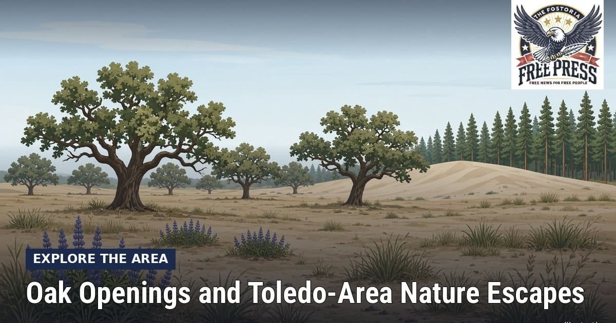 Fostoria News: Illustration, with headline: Oak Openings and Toledo-Area Nature Escapes